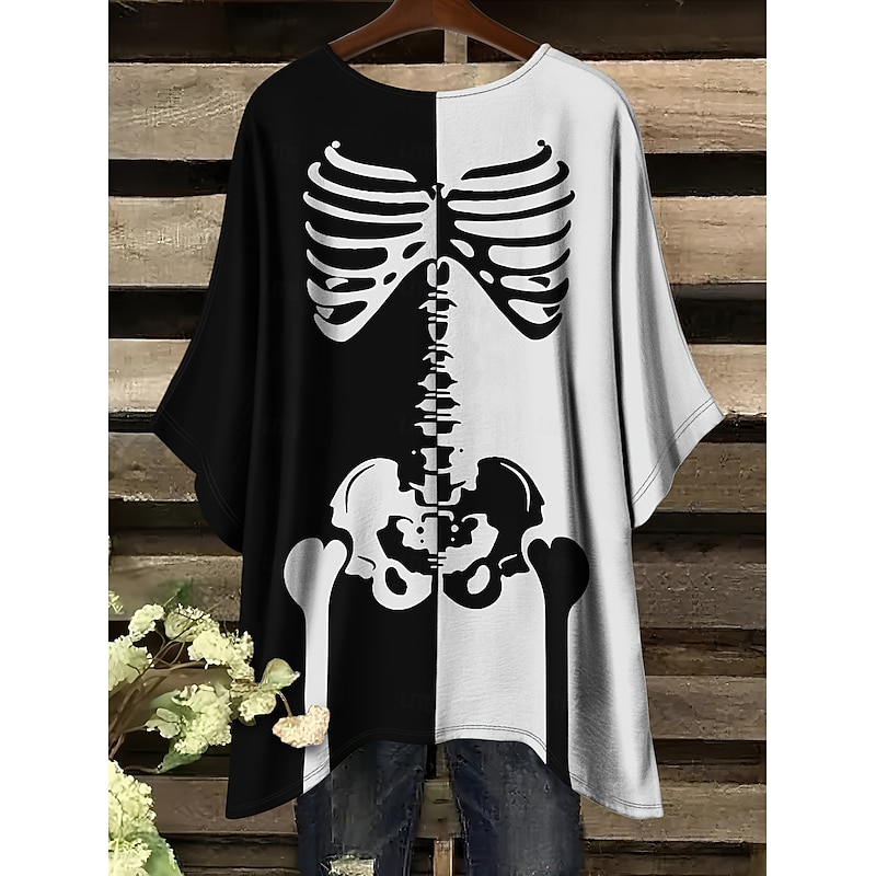 Halloween Women's Blouse Skeleton Graphic Skull Vintage Daily Casual Half Sleeve Batwing Sleeve Crew Neck Long Tops Daily Holiday Black White Spring Fall2