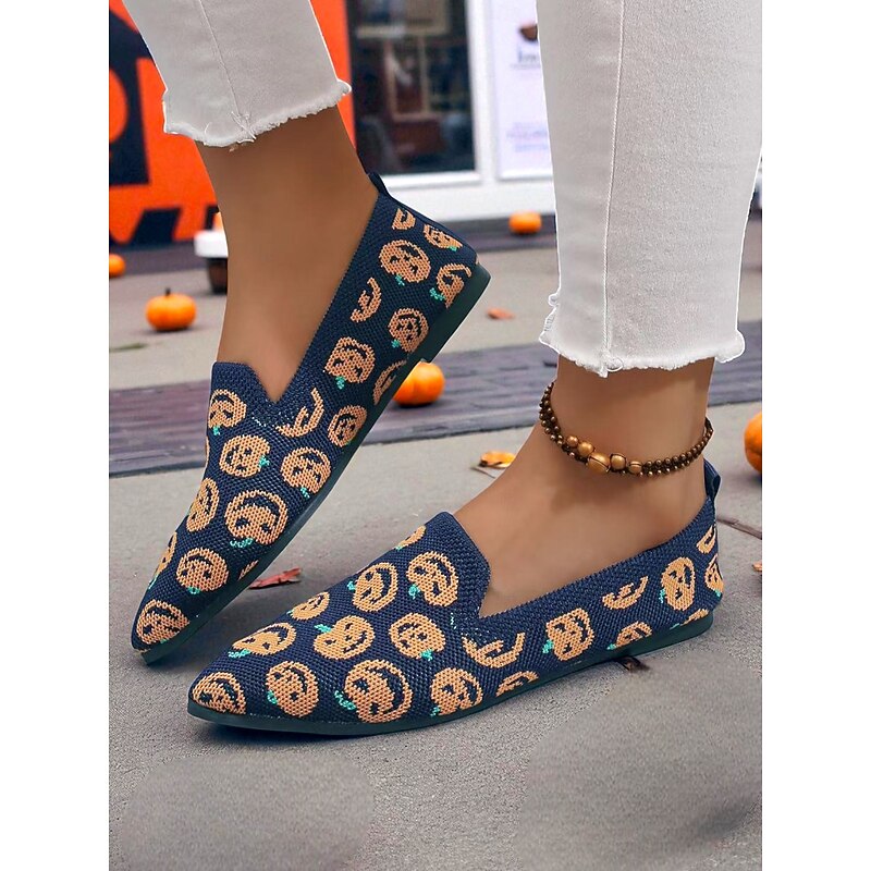 Women's Halloween Knit Pumpkin Print Pointed Flats – Soft Breathable Casual Shoes for Trick or Treat Events and Holiday2