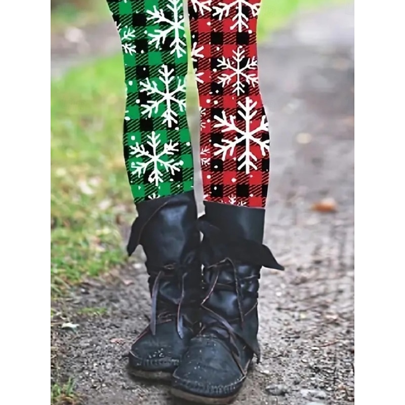 Women's Chinos Leggings Cozy Leggings Vacation Casual Full Length High WaistPantsUgly Christmas Plaid Snowflake Printing Thermal Warm Comfortable Stretchy Vacation Casual Daily Green Spring Fall3