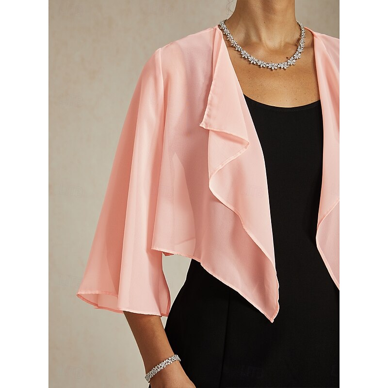 Women's Flowy Tops Chiffon Tops Solid Color Elegant 3/4 Length Sleeve Asymmetrical Crop Tops Wedding Guest Blush Pink Summer Spring Fall3