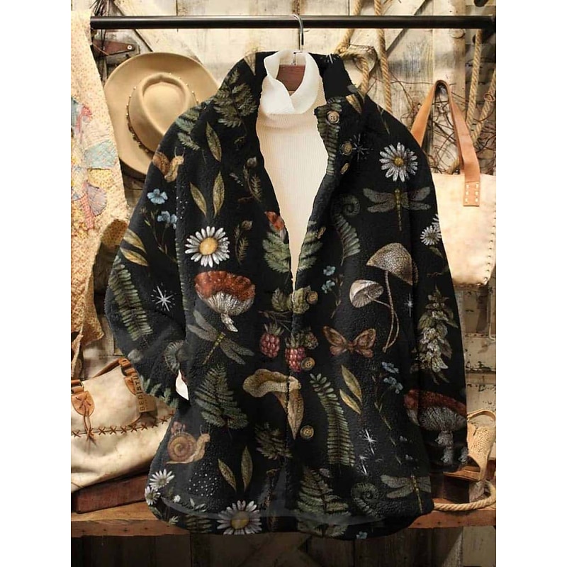 Women's Fleece Jacket Casual Jacket Comfortable Breathable Pocket Print Casual Floral Vacation Street Casual Daily Wear Zipper Regular Turndown Loose Fit Long Sleeve Outerwear Black Pink Blue Spring4