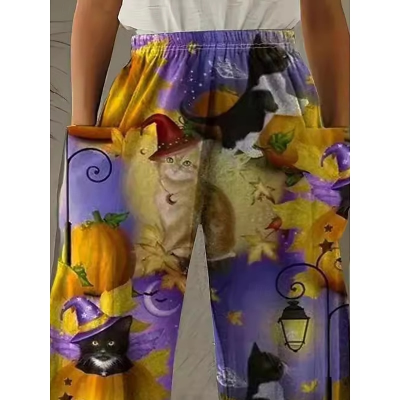 Women's Wide Leg Chinos Pants Trousers Vacation Vintage Casual Full Length High WaistPantsHalloween Cat Pumpkin Pocket Elastic Waistband Printing Comfy Soft Comfortable Stretchy Vacation Street2