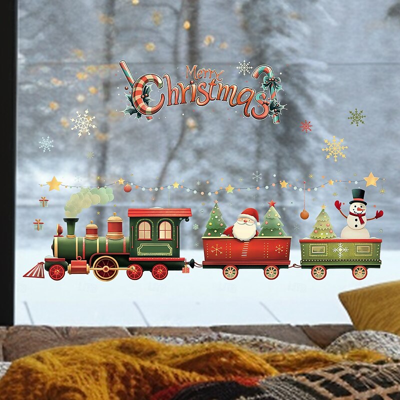 Christmas Sticker Wall Decals Cartoon Train Santa Claus Snowman Removable Vinyl Mural Holiday Party Living Room Bedroom Home Decoration Glass Window Background For Christmas Festival4