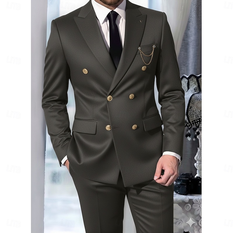Men's Wedding Party Business Suits Peaked Lapel Black Brown Formal Solid Colored Tailored Fit 2 Piece Double Breasted Six-buttons4