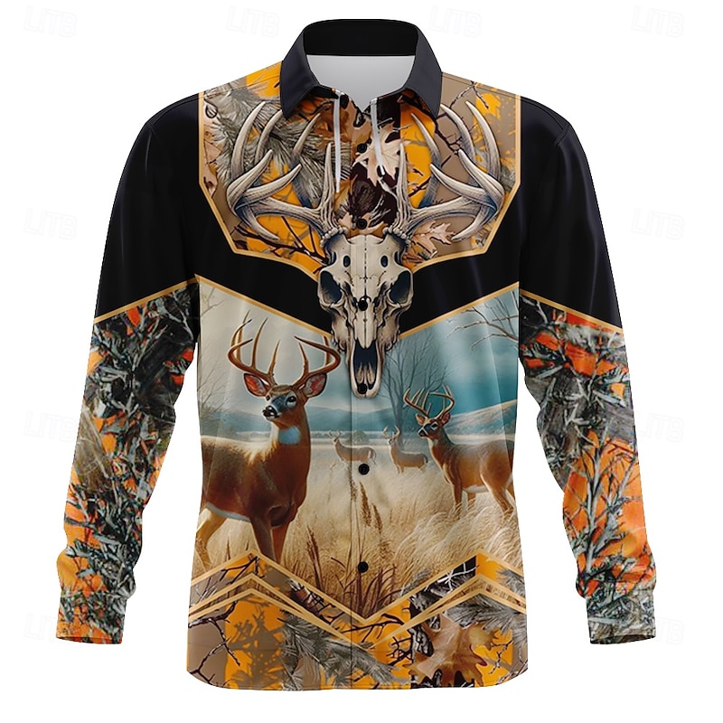 Men's Reindeer Camouflage Cow Print Shirt Button Up Shirt Long Sleeve Vintage Retro Outdoor Camping & Hiking Hunting Spring Fall Turndown 3D Print Linen Like Shirt Black