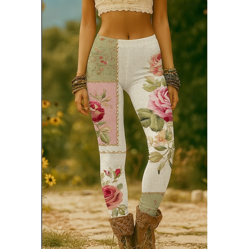 Women's Leggings Vacation Vintage Ethnic Style Full Length High Waist Floral Graphic 3D Print Quick Dry Breathability Soft Stretchy Formal Outdoor Vacation White Pink Blue Green Summer Spring Fall2
