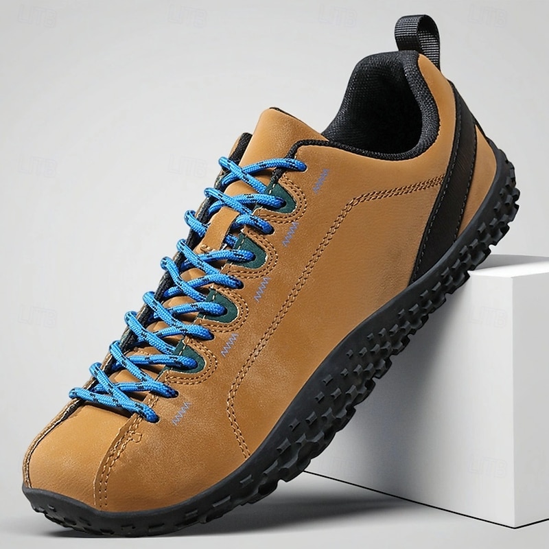 Men's Brown Casual Hiking Shoes – Comfortable Low Top Outdoor Sneakers with Blue Lace Design for Walking, Travel and Daily Activities