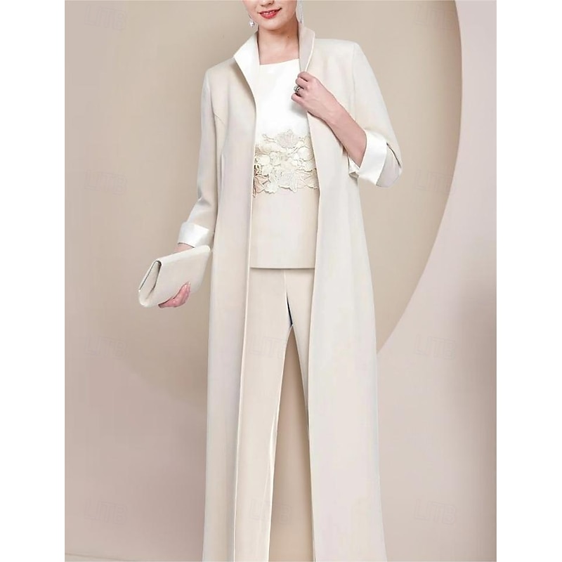 Pantsuit 3 Piece Mother of the Bride  Formal Wedding Guest Elegant Scoop Neck Floor Length Lace Stretch Fabric 3/4 Length Sleeve Wrap Included with Appliques3