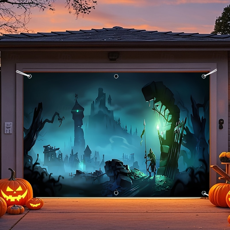 Halloween Garage Door Cover Night Witch Flying Broom Pumpkin Cemetery Ruined Castle Large Outdoor Backdrop with Grommets Yard Front Porch Wall Decorations2