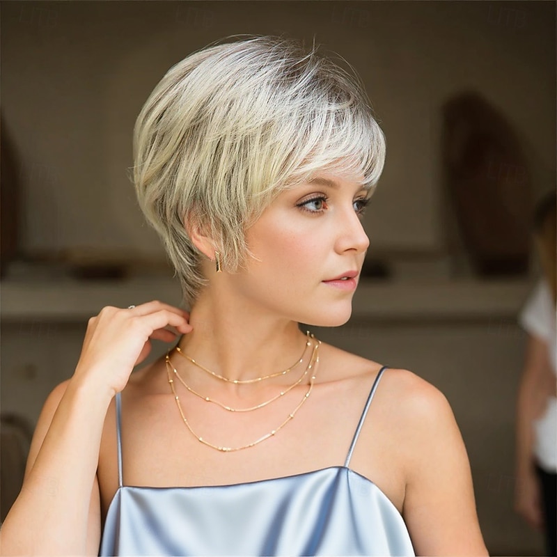 Women’s Silver Grey Pixie Wig Short Layered Cut with Bangs Natural Looking Realistic Synthetic Hair Heat Resistant Elegant Daily Wear Fashion Style