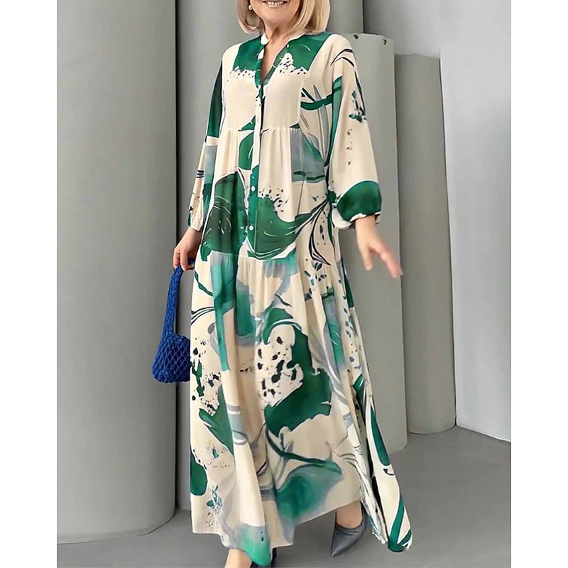 Women's Long Dress Maxi Dress Floral Dress Print Dress Modern Outdoor Vacation Going out Regular Fit Floral Long Sleeve V Neck Yellow Blue Brown Green Spring Fall3