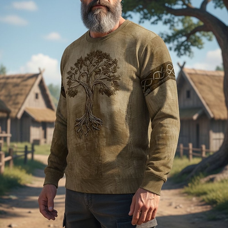Men's Sweatshirt Blue Brown Green Khaki Crew Neck Tree Of Life Yggdrasil Celtic Knot Print Casual Daily Holiday Vintage Viking Fall Winter Clothing Apparel Hoodies Sweatshirts