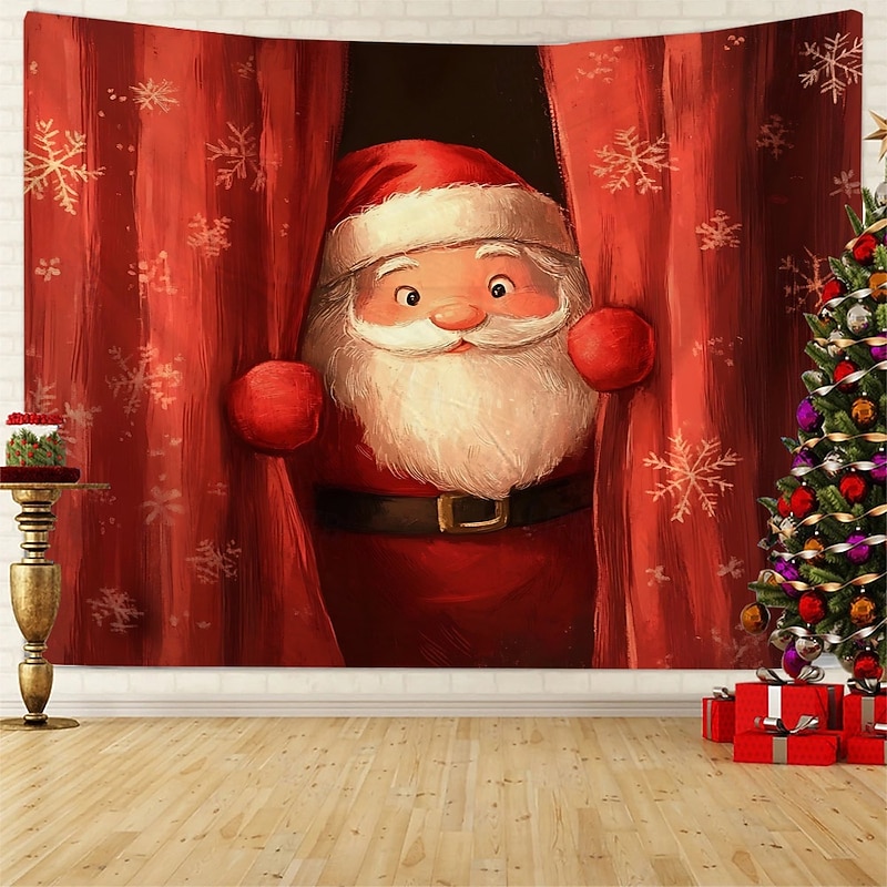 Chrismas Hanging Tapestry Santa Claus Peeking Christmas Tree Gingerbread House Ornament Balls Large Wall Art Mural Decor Blanket Curtain Holiday Home Bedroom Living Room Festive Party Decoration4