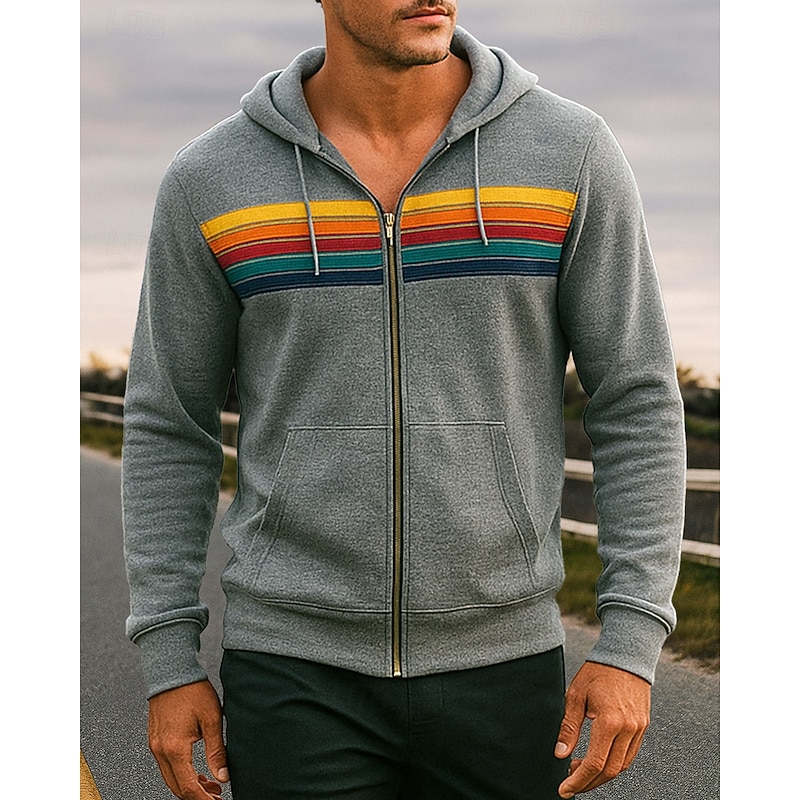 Men's Hoodie Sweatshirt Zip Up Sweatshirt Drawstring Long Sleeve Top Athleisure Stripes Fashion Warm Hiking Travel Vacation Sportswear Activewear Black White Blue
