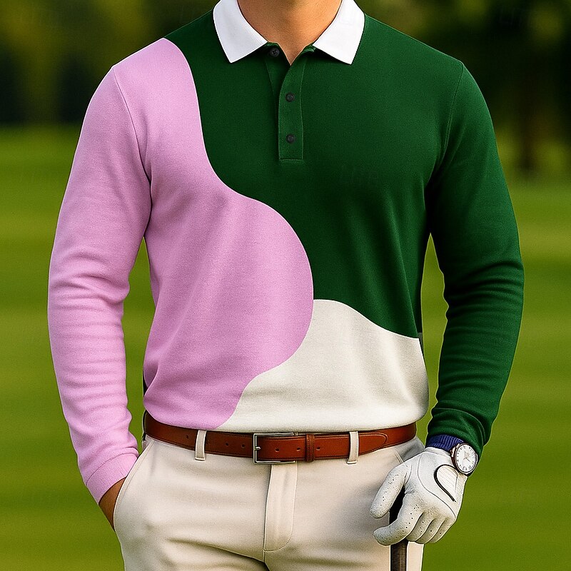 Men's Color Block Polo Long Sleeve Polo Shirts Lapel Casual Outdoor Athleisure Daily Wear 3D Print Buttons Spring Fall Winter White Pink Green