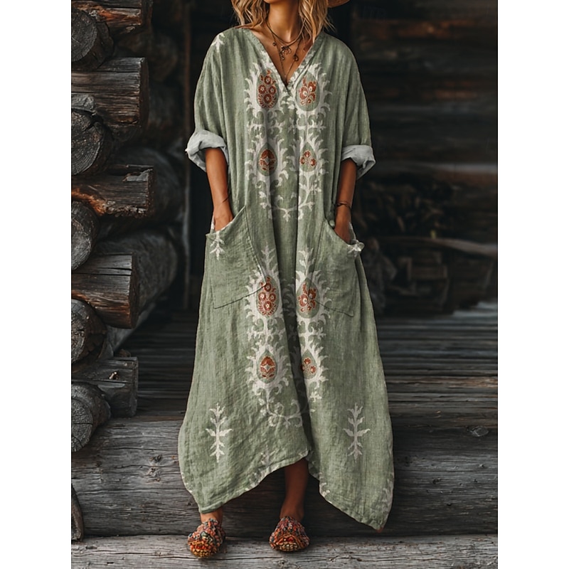Women's Maxi Dress A Line Dress Vacation Casual Daily Regular Fit Floral Graphic Paisley Long Sleeve V Neck Deep Green Yellow Pink Blue Summer Spring Fall3