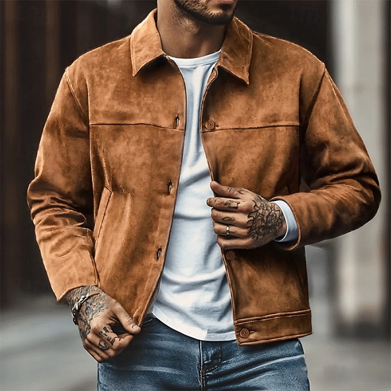 Men's Lightweight Jacket Faux Suede Blazer Casual Jacket Vacation Daily Wearproof Pocket Spring Fall Plain Fashion Classic Lapel Regular Camel Royal Blue Brown Jacket3