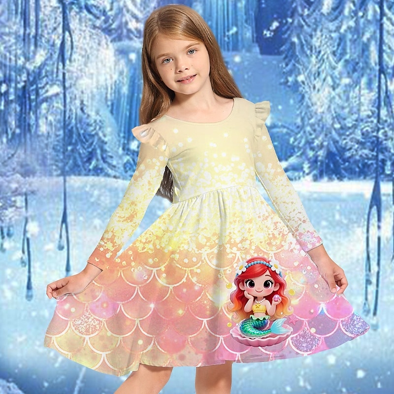 Girls' 3D Cartoon Mermaid Dress Ruffle Dress Long Sleeve Summer Spring Vacation Daily Holiday Princess Beautiful Sweet Kids 4-12 Years Casual Dress A Line Dress Knee-length Regular Fit2