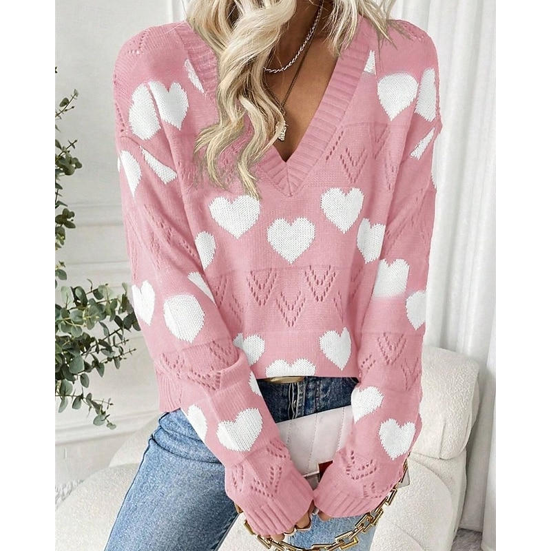 Women's Sweater Pullover Fashion Casual Heart Ribbed V Neck Knitted Long Sleeve Regular Tops Knit Outdoor Daily Weekend Black Pink Fall Winter4