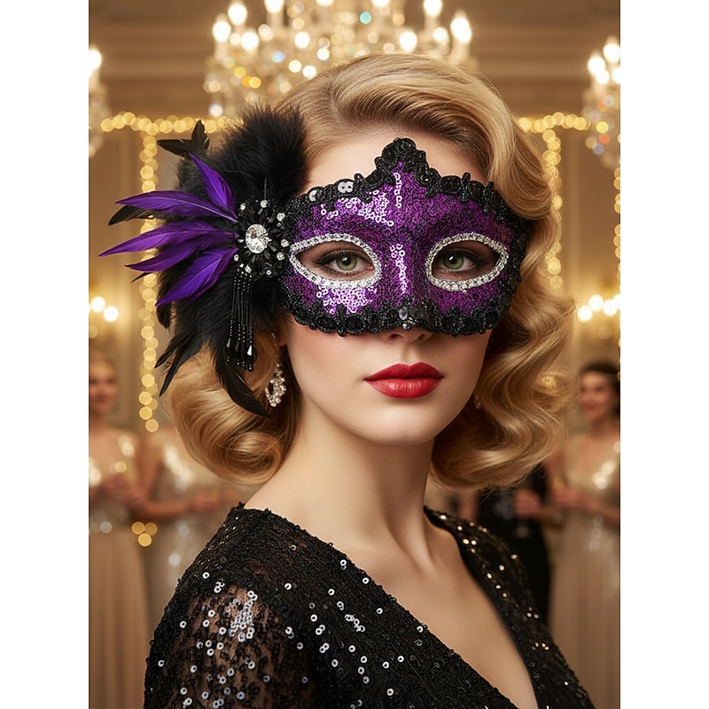 Women's Burgundy Sequin Feather Masquerade Mask with Rhinestone Trim, Gothic Venetian Style Costume Accessory for Halloween Parties and Masquerade Balls2