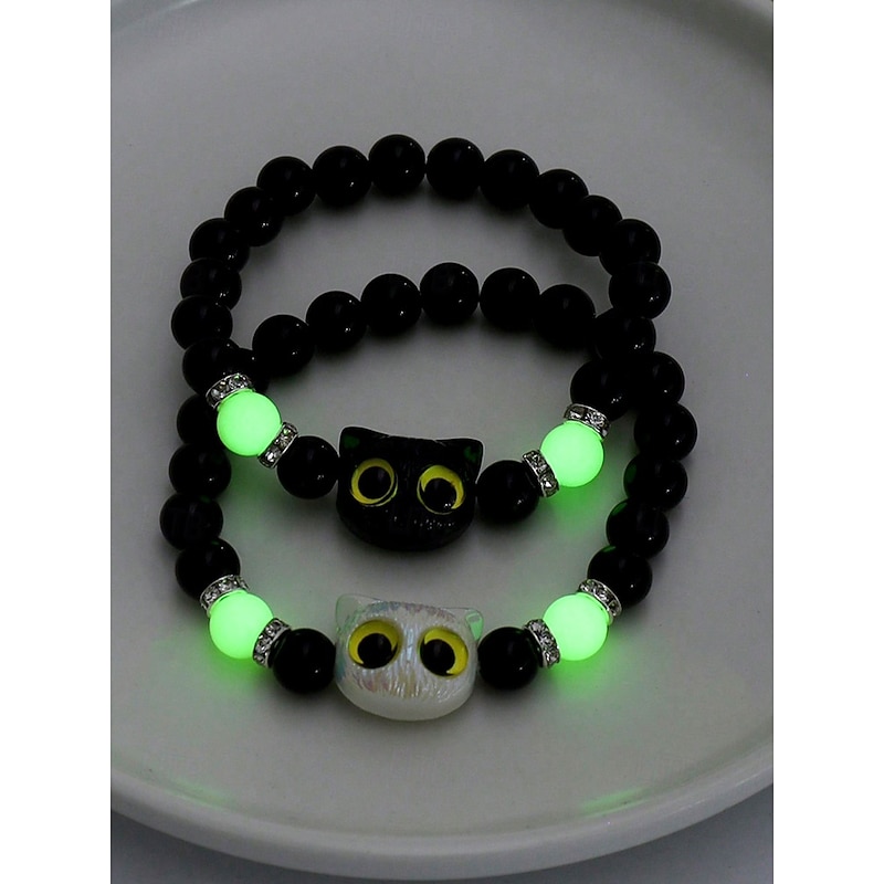 Women's Halloween Glow in the Dark Cat Beaded Bracelet – Cute Black and White Kitty Charm Stretch Wristband Jewelry for Party, Cosplay and Gifts4