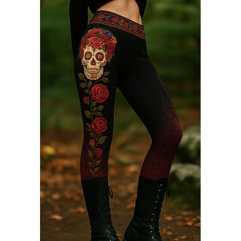 Halloween Women's Leggings Vacation Vintage Ethnic Style Full Length High Waist Graphic Skull 3D Print Quick Dry Breathability Soft Stretchy Formal Outdoor Vacation Pink Blue Purple Green Fall Winter