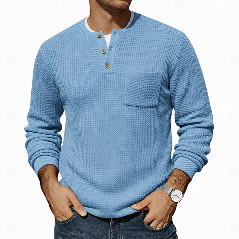 Men's Waffle T-shirt T Shirt Waffle Henley Shirt Long Sleeve Henley Winter Spring &  Fall Solid Color Traditional / Vintage Pockets Plain Outdoor Home Sports & Outdoor Navy Blue Blue Purple Top Tee