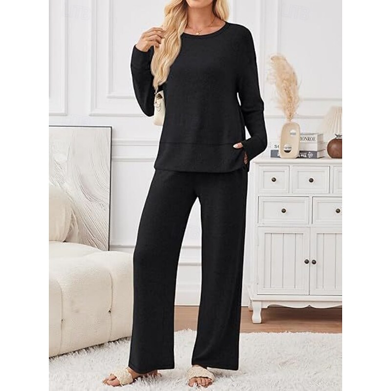 Women's Basic Pants Sets Long Sleeve Crew Neck Plain Patchwork Casual Black Brown Khaki Fall & Winter Loose Fit2