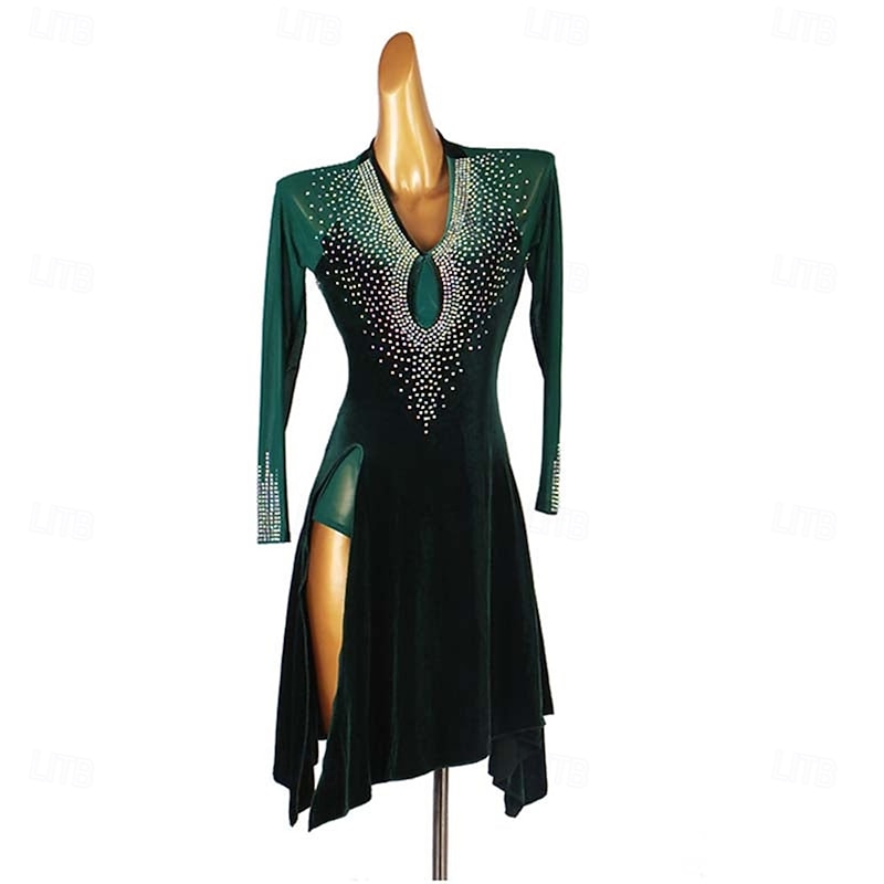 Women's Performance Long Sleeve Velvet Tassels Latin Salsa Dance Dress Competition Dress