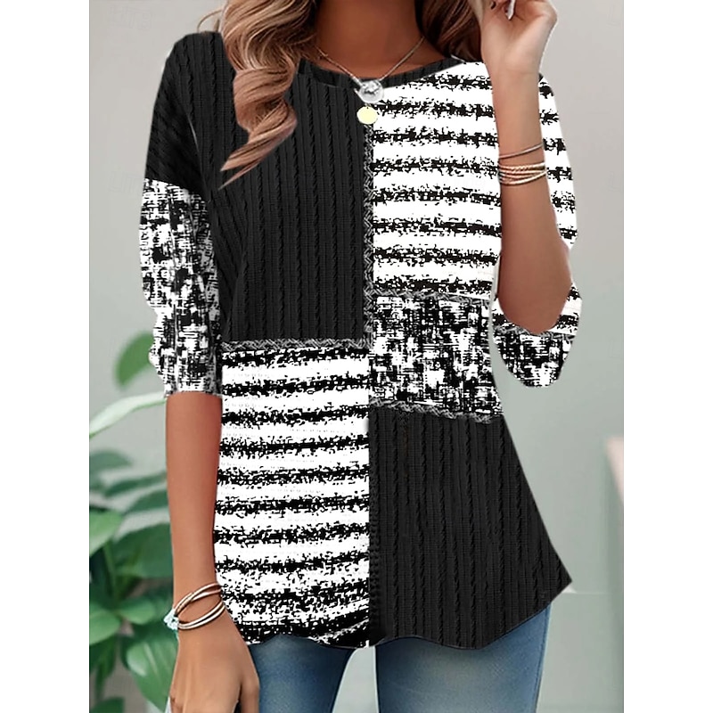 Women's T Shirt Graphic Geometric Color Block Vintage Stylish Classic Long Sleeve Crew Neck Round Neck Regular Tops Daily Print Black Spring Fall Winter
