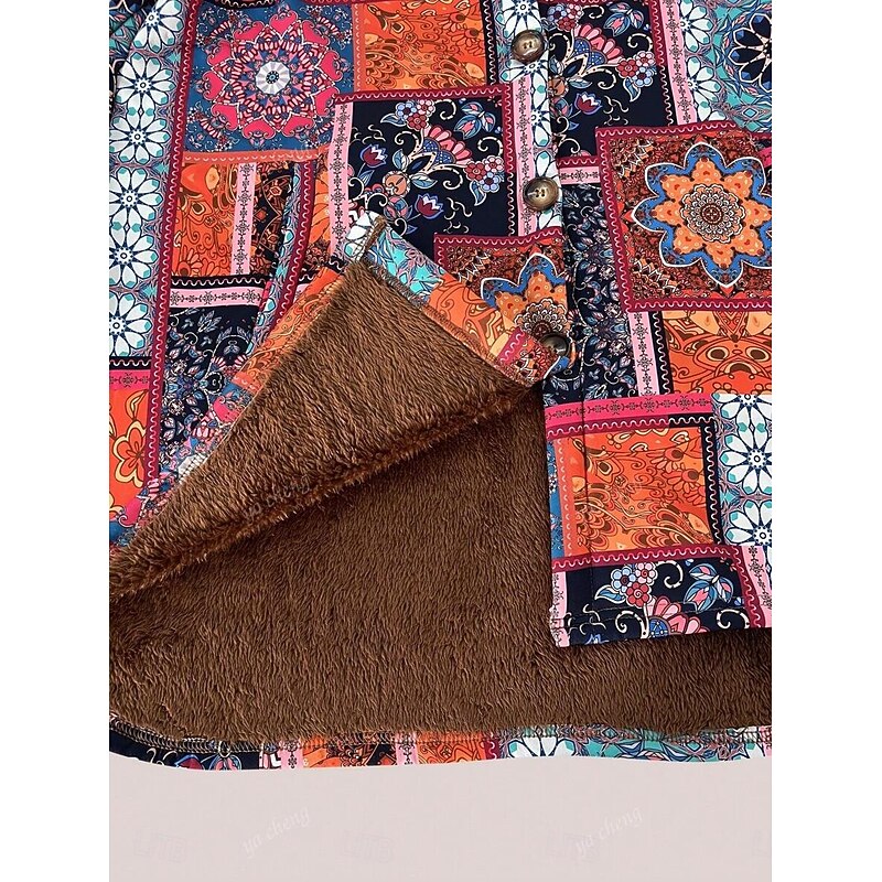 Women's Sherpa Jacket Casual Jacket Comfortable Breathable Print Casual Geometric Vacation Street Casual Daily Wear Open Front Long Hooded Regular Fit Long Sleeve Outerwear Orange Spring Fall3