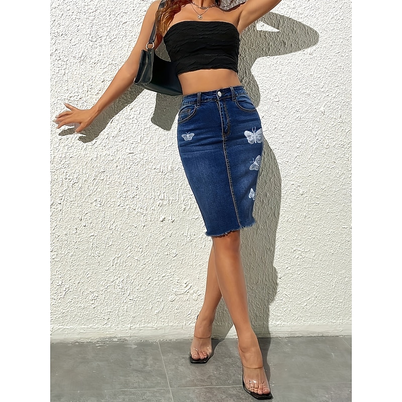 Women's Skirt Bodycon Fashion Casual Knee-length High Waist Skirts Butterfly Pocket Print Micro-elastic Street Daily Black Navy Blue Blue Spring Polyester Denim4
