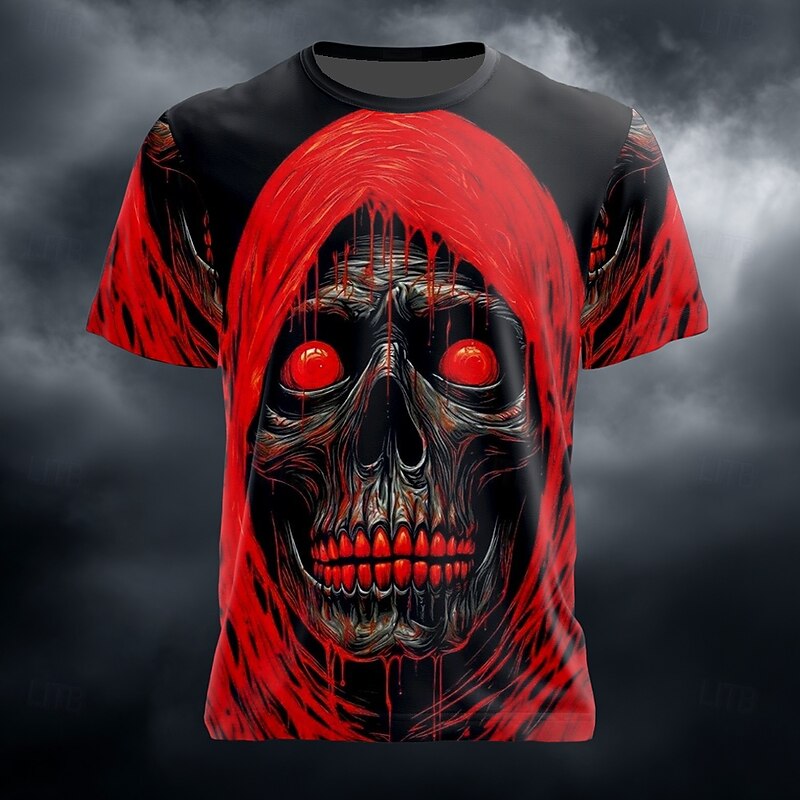Halloween Men's Optical Illusion 3D Reaper T Shirt Short Sleeve T shirt 3D Print Crew Neck Shirt Exaggerated Designer Horror Party Street Holiday Red Blue Green Summer Spring All Seasons Clothing