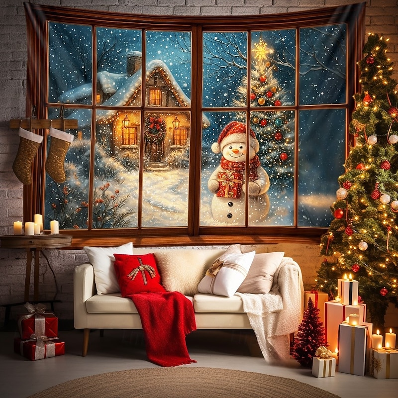 Christmas Wall Tapestry Backdrop, Cozy Window Scene with Snowman, 2025 Xmas Winter Tree and Lights, Festive Holiday Wall Hanging for Bedroom Living Room3