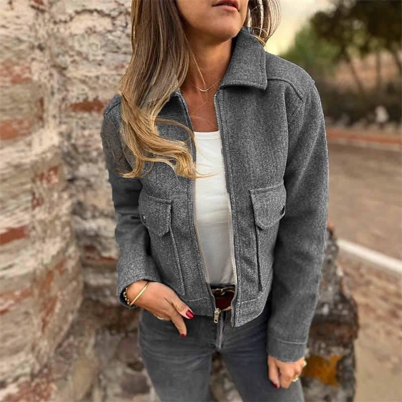 Women's Casual Jacket Warm Comfortable Pocket Fashion Outdoor Plain Going out Weekend Zipper Regular Lapel Regular Fit Long Sleeve Outerwear Apricot Gray Fall Winter2