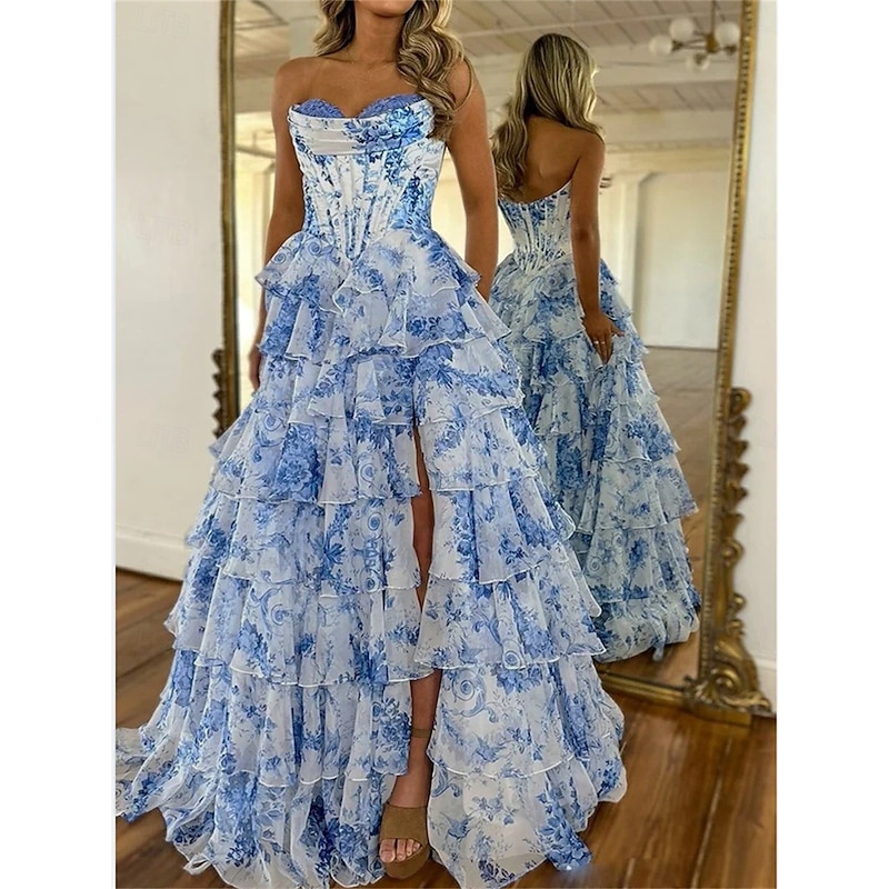 A-Line Quinceanera Dresses Corset Tiered Dress Wedding Wedding Guest Floor Length Sleeveless Strapless Chiffon Backless with Floral Print Wedding Guest Dress