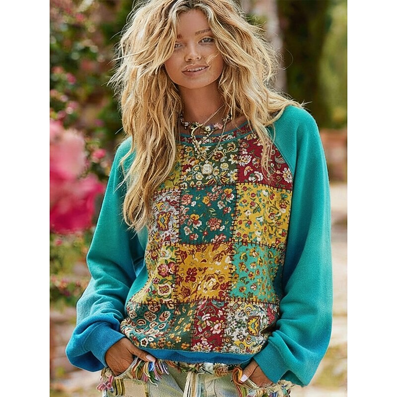 Women's Pullover Sweatshirts Floral Color Block Vintage Streetwear Classic Long Sleeve Crew Neck Regular Tops Dailywear Casual Print Blue Spring Fall3