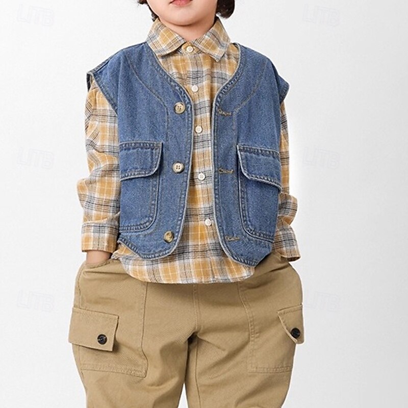 Kids Unisex Vest Coat Outerwear Solid Color Sleeveless Buttons Keep Warm Soft Breathable Coat Outdoor Cotton Fashion Daily Blue Spring Fall 4 years+2