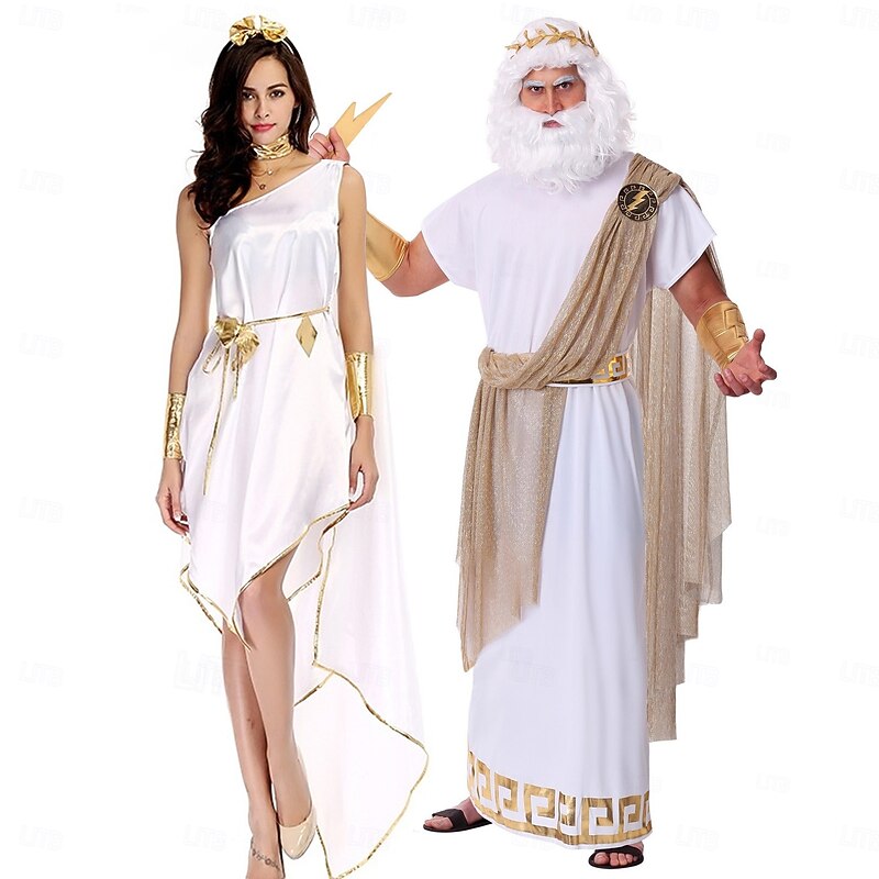 Ancient Greek Roman Fancy Costume Halloween Group Couples Costumes Chiton God Zeus Fancy Dress Couple's Men's Women's Fantasy Halloween Carnival Performance Adults Headband Costume
