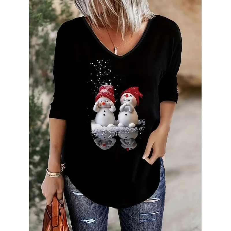 Christmas Women's T Shirt Graphic Snowman Vintage Stylish Classic Long Sleeve V Neck Regular Tops Daily Print Black Red Spring Fall Winter