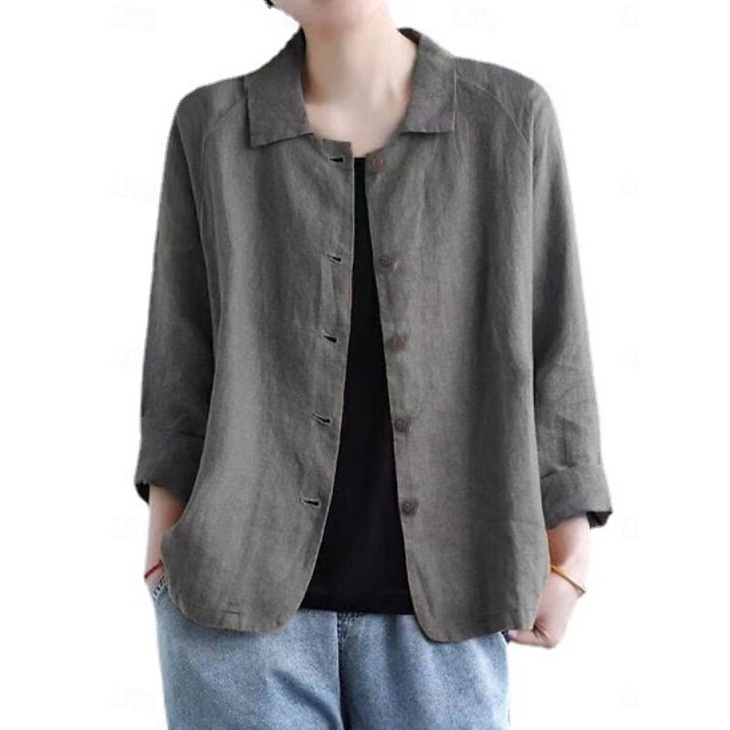 Women's Cotton Linen Shirts Solid Color Basic Casual Long Sleeve Shirt Collar Regular Tops Daily Buttons Pink Khaki Dark Gray Summer Spring2