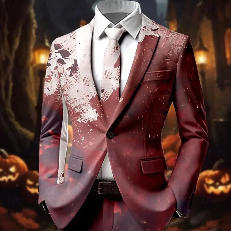 Men's Blazer Jacket Coat Comfortable Breathable Artistic Casual Party Evening Wear Daily Festival 3D Print Buttons Multi Pocket All Seasons Notch Long Sleeve Red 1 Red 3 Red