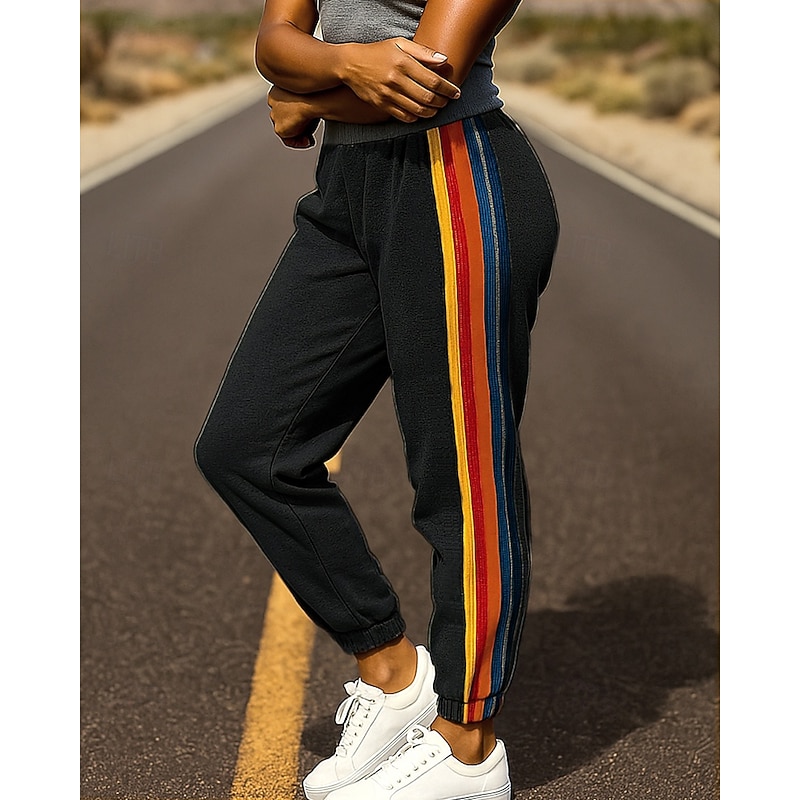 Men's Cuffed Sweatpants Lounge Knitted Bottoms Rainbow Striped High Waist Bottoms Athleisure Gym Workout Fall Gym Hiking Outdoor Regular Fit Sportswear Activewear Stripes Black Dark Blue Grey4
