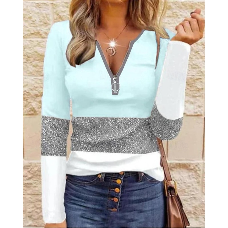 Women's T Shirt Graphic Geometric Color Block Vintage Stylish Classic Long Sleeve V Neck Round Neck Regular Tops Daily Weekend Zipper Print Yellow Pink Blue Purple Spring Fall Winter