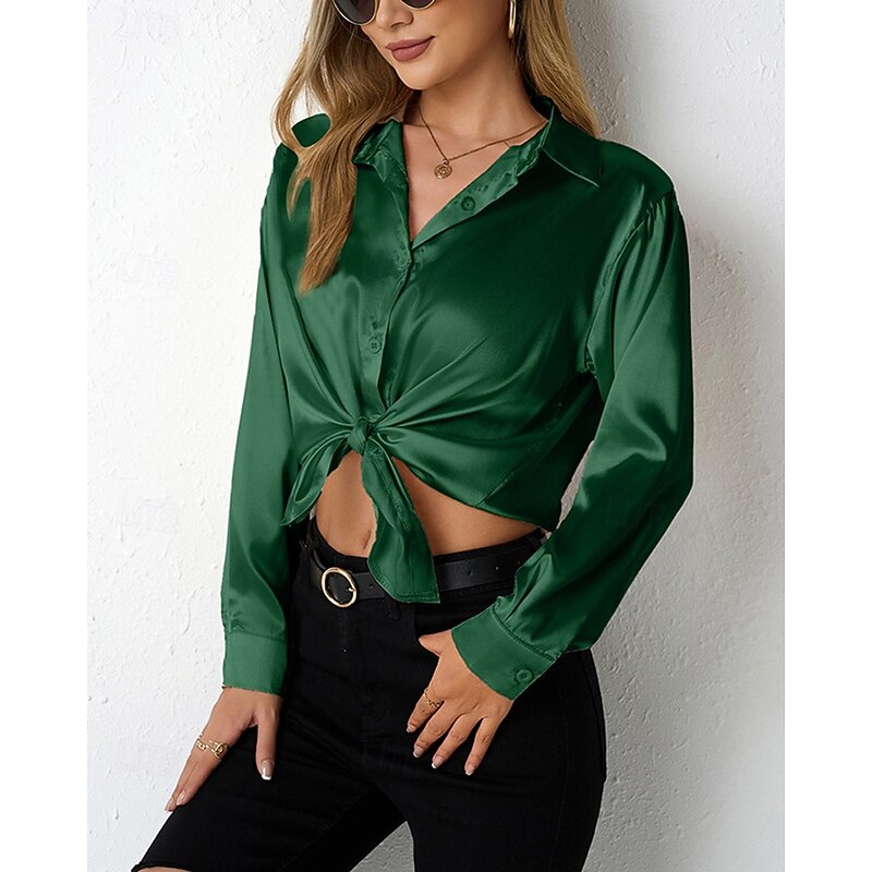 Women's Shirt Elegant Dressy Satin Solid Color Stylish Casual Long Sleeve Shirt Collar Regular Tops Daily Going out Buttons Wine Royal Blue Purple Orange Green Spring Fall2