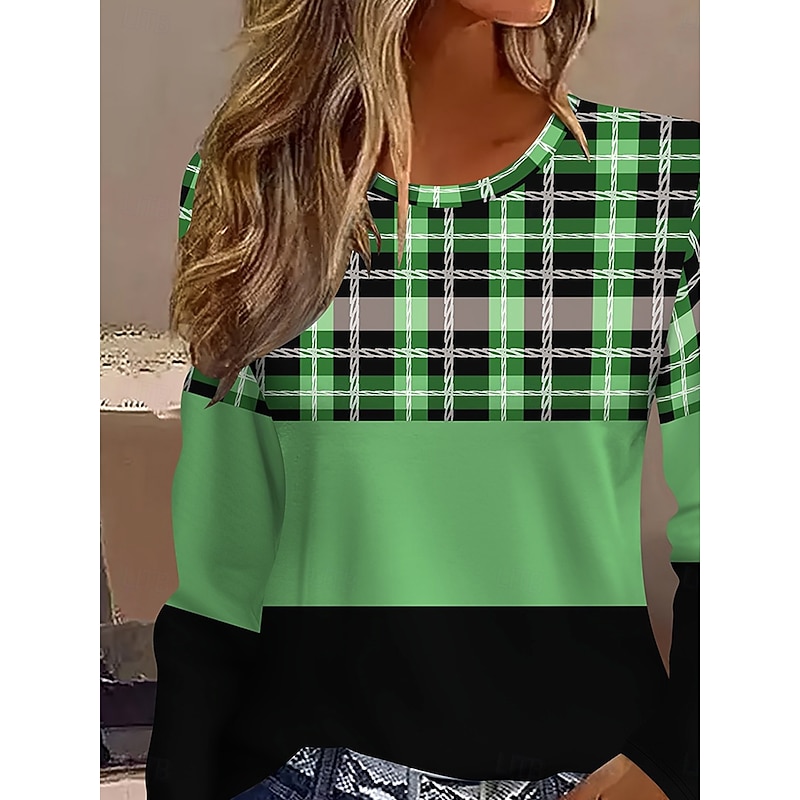 Women's T Shirt Graphic Geometric Plaid Vintage Stylish Classic Long Sleeve Crew Neck Round Neck Regular Tops Daily Print Green Spring Fall Winter3