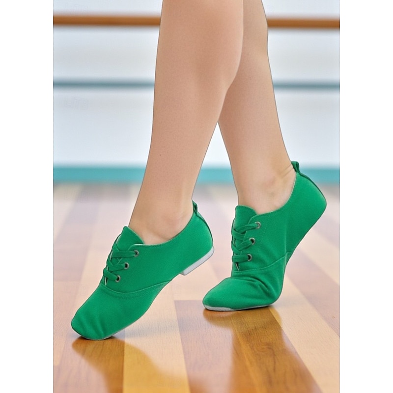 Women's Green Canvas Lace-Up Jazz Shoes - Lightweight Soft Sole Dance Sneakers for Practice and Stage Performance