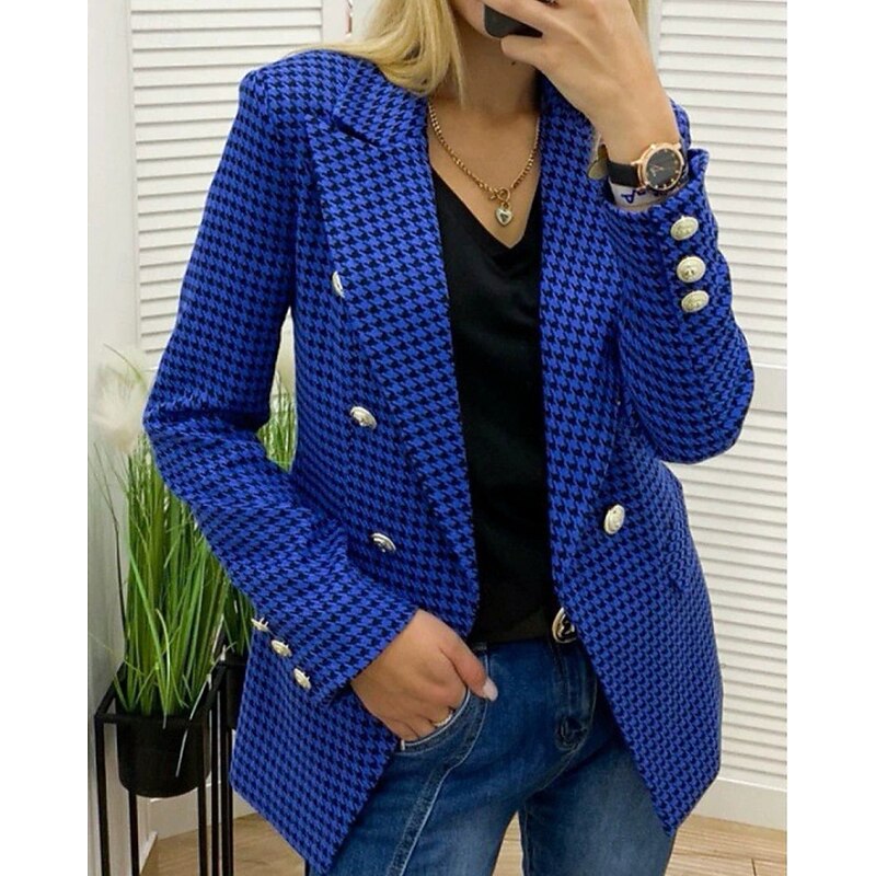 Women's Blazer Comfortable Pocket Elegant Fashion Outdoor Lattice Going out Casual Daily Weekend Double Breasted Regular Lapel Regular Fit Long Sleeve Outerwear Red Blue Dark Blue Spring Fall4