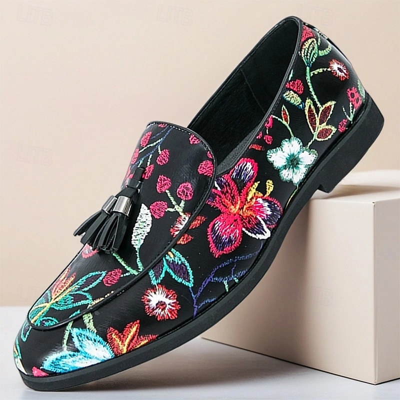 Men's Black Floral Embroidered Tassel Loafers – Colorful Slip-On Dress Shoes for Weddings, Proms, Cocktail Parties and Performances