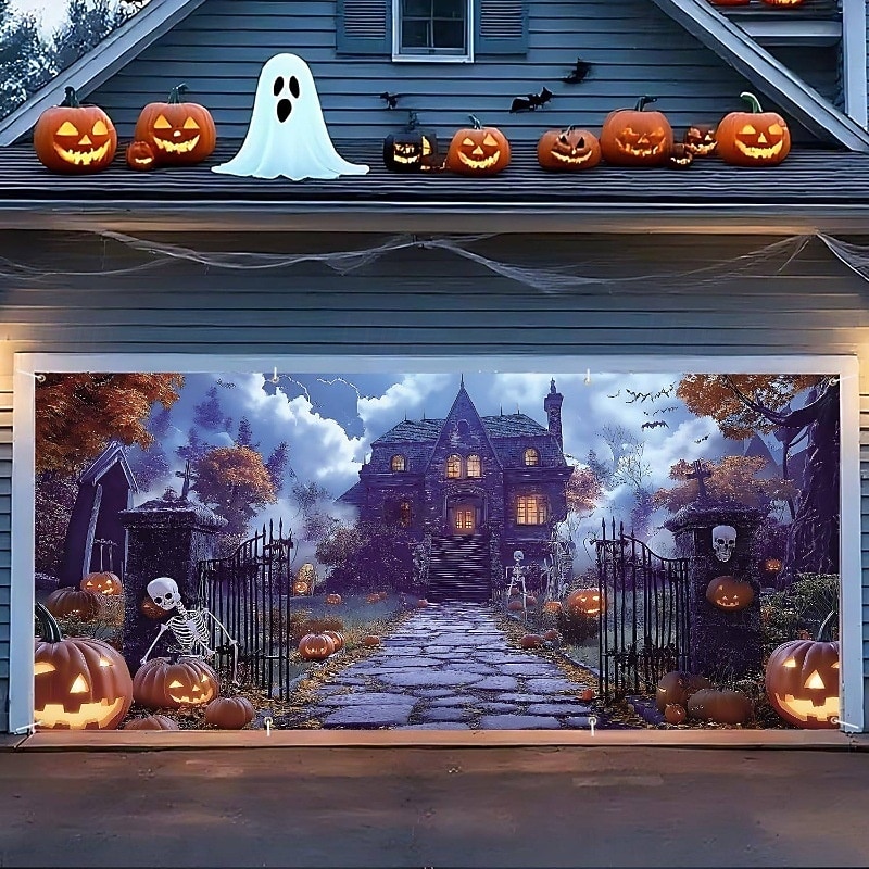 Halloween Garage Door Cover Sunset Moon Cemetery Pumpkin Castle Bare Trees Skeleton Large Outdoor Backdrop with Grommets Yard Front Porch Wall Decorations3